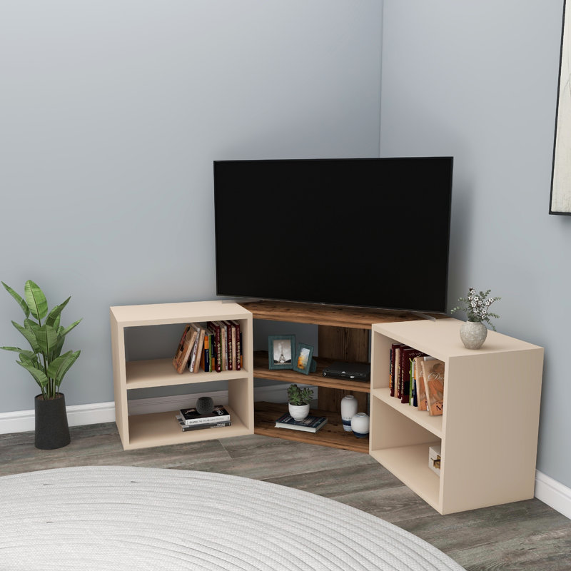 Kristepher 148.5cm Corner TV Stand with 6 Open Shelves for TVs up to 50", Light Walnut/Beige