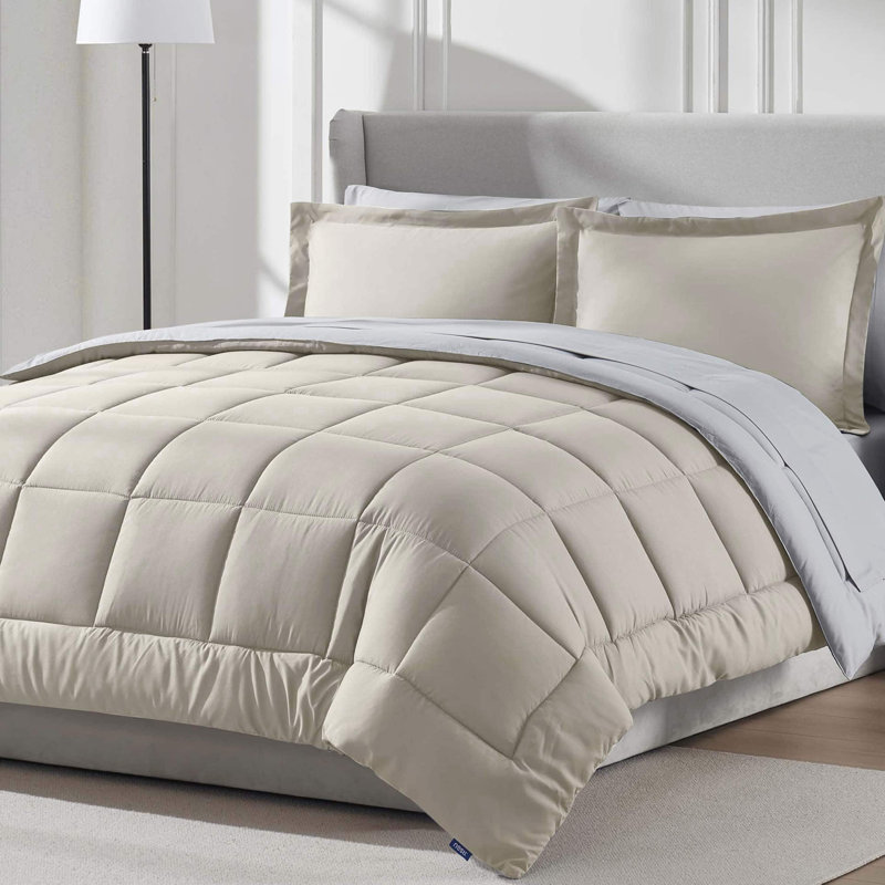 Beige and Light Grey Queen Microfiber Reversible Comforter Set