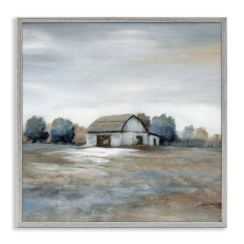 Neutral Tones Countryside Barn Landscape Canvas Print with Gray Frame