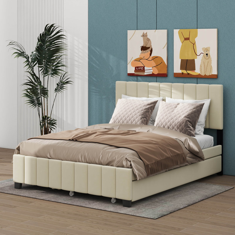 Lit plateforme tapissier Keyon, Beige