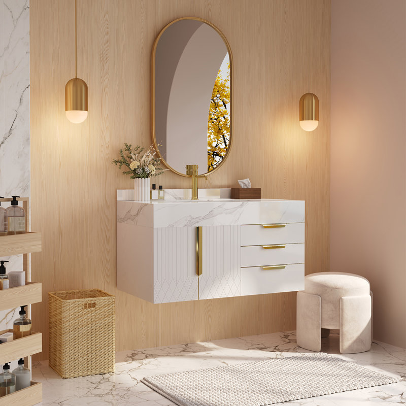 Ensemble de meuble-lavabo en pierre flottant avec lavabo 35,4 po Aro Series, Blanc
