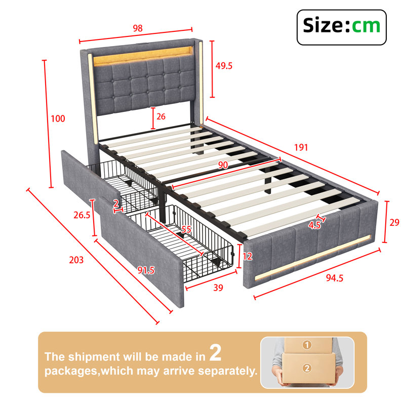 Upholstered Bed, Single (3'), Grey