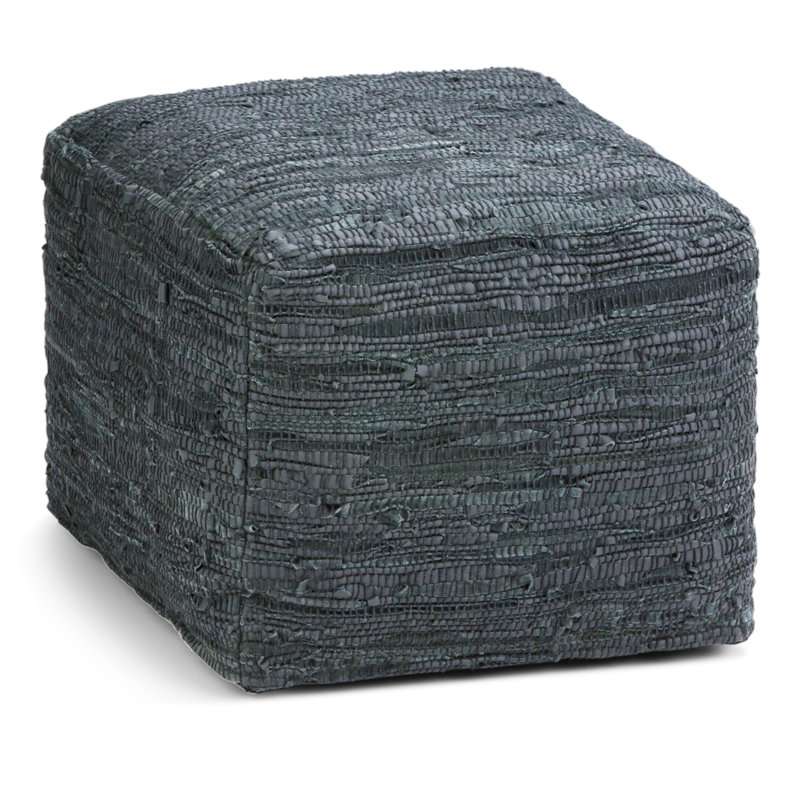 Fredrik 18"W Genuine Buffalo Leather Square Pouf, Gray Genuine Leather
