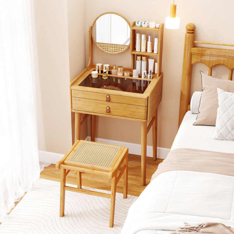 Tabouret de coiffeuse 23,5 "avec 2 tiroirs et tablettes de rangement ouvertes