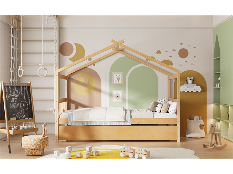 Twin Size Wooden House Bed With Twin Size Trundle,Natural