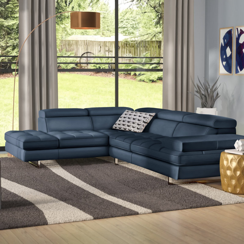 Upholstered Sectional, Left Hand Facing, Blue Genuine Leather