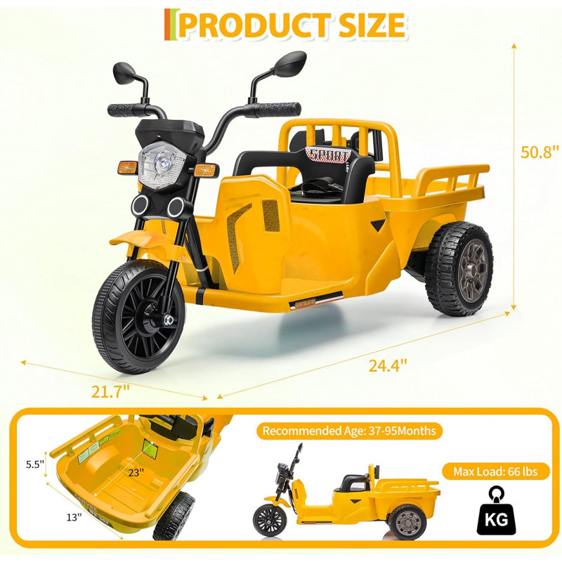 Kids Electric Ride-On Tricycle with Cargo Trailer & Shovel, 12V 3-Wheel Toy Tractor with Bluetooth Music, LED Lights, 30KG Capacity for Ages 3+