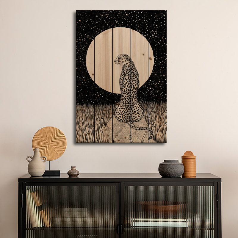 Reproduction d'art mural en bois - Lune guépard par Ella Mazur, H 40 po x l 26 po