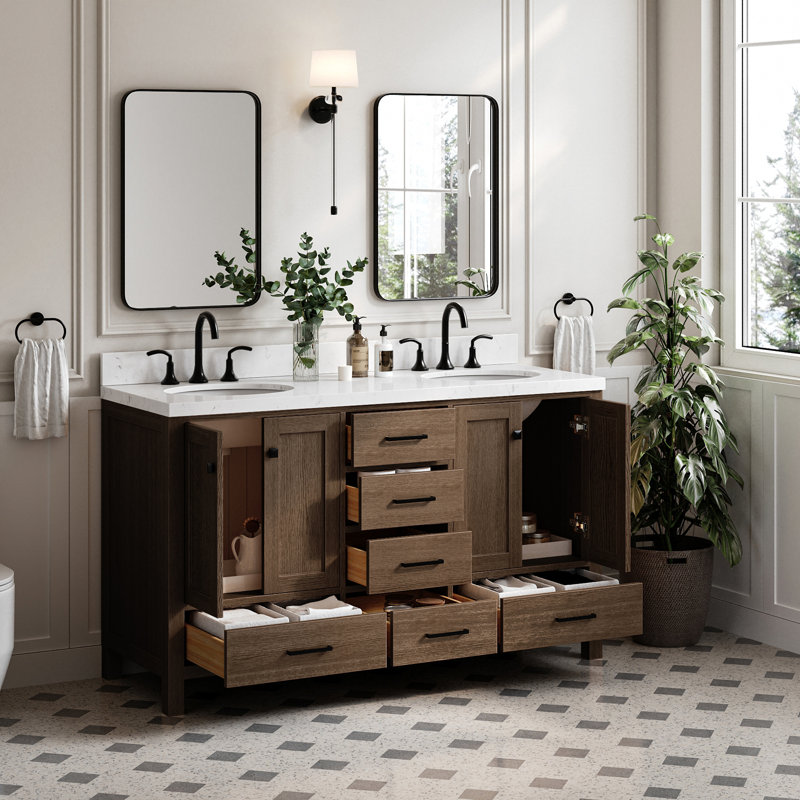 Amariani 60.25'' Double Bathroom Vanity with Top, Brown Oak / Matte Black