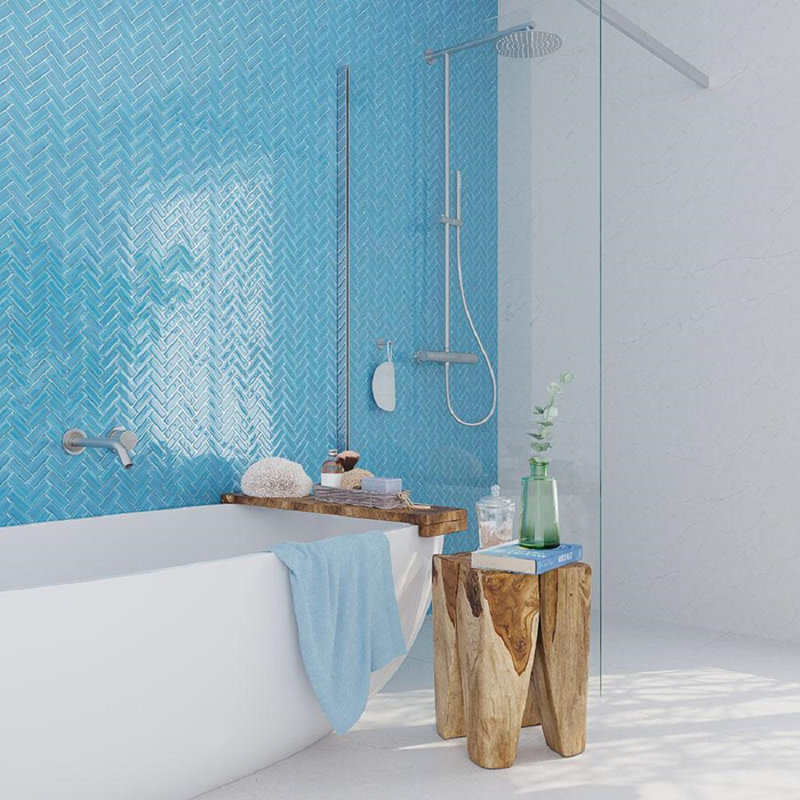 11"X 12.6" Herringbone Polished Glass Mosaic Tile, Sea Blue