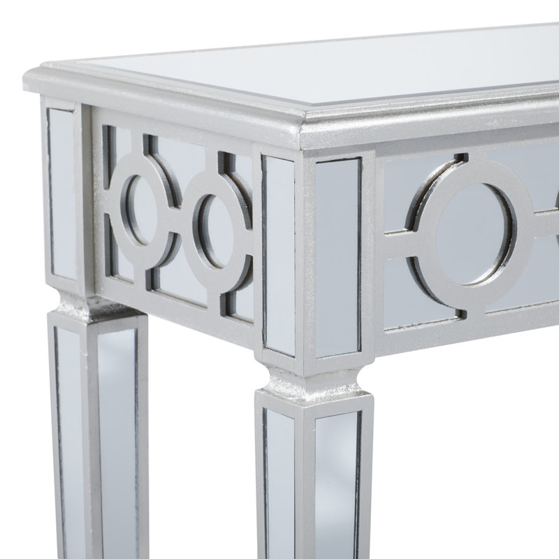 Skyler Glass Mirrored Geometric Silver Console Table with Circular Panel Inlay