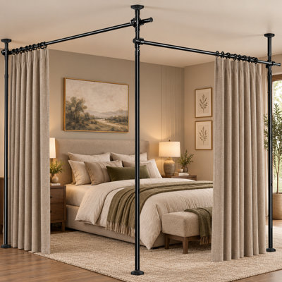 Black heavy-duty freestanding tension wall divider for temporary privacy; no drilling required, with adjustable dimensions of 4-10ft(H) x 28-140inch(W).