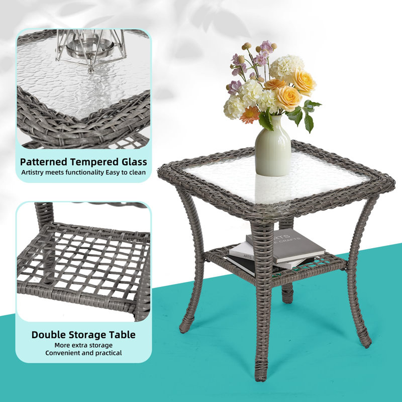 Gray Wicker Rocking Chair Set with Cushions and Glass-top Table