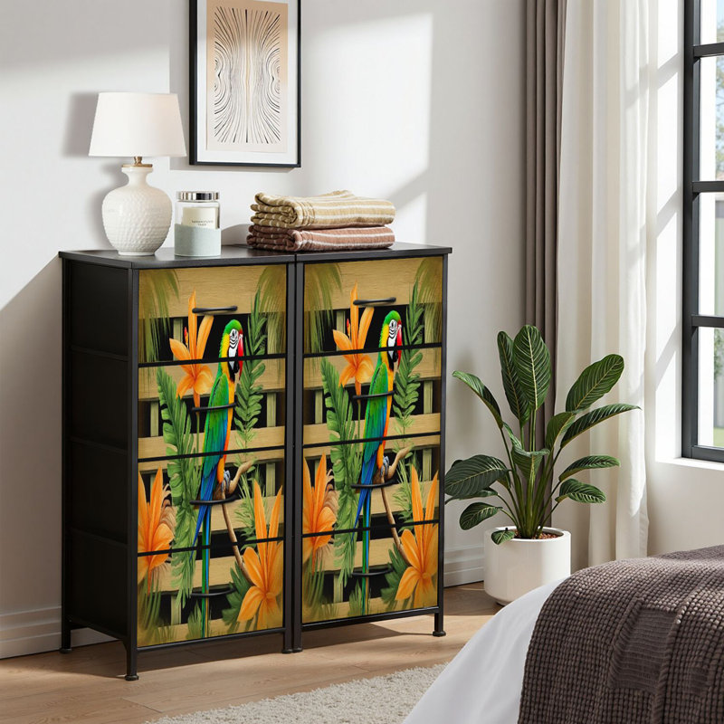 Commode pour commode de chambre à coucher pour garde-robe de peinture d'oiseau perroquet assis sur une fleur Strelitzia Commodes et commodes en tissu