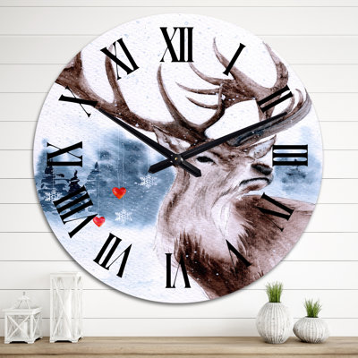 Paysage enneigé avec un renne et une forêt d'hiver - Horloge murale traditionnelle