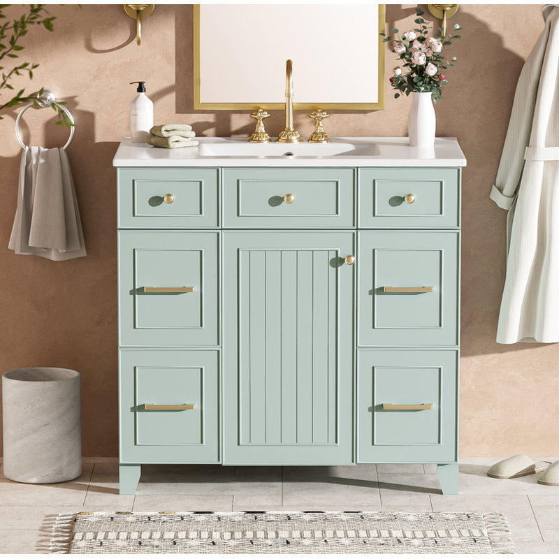 Meuble-lavabo vert 36 po avec lavabo en céramique, portes à fermeture douce, 2 tiroirs doubles et 2 tiroirs standards, tablette réglable
