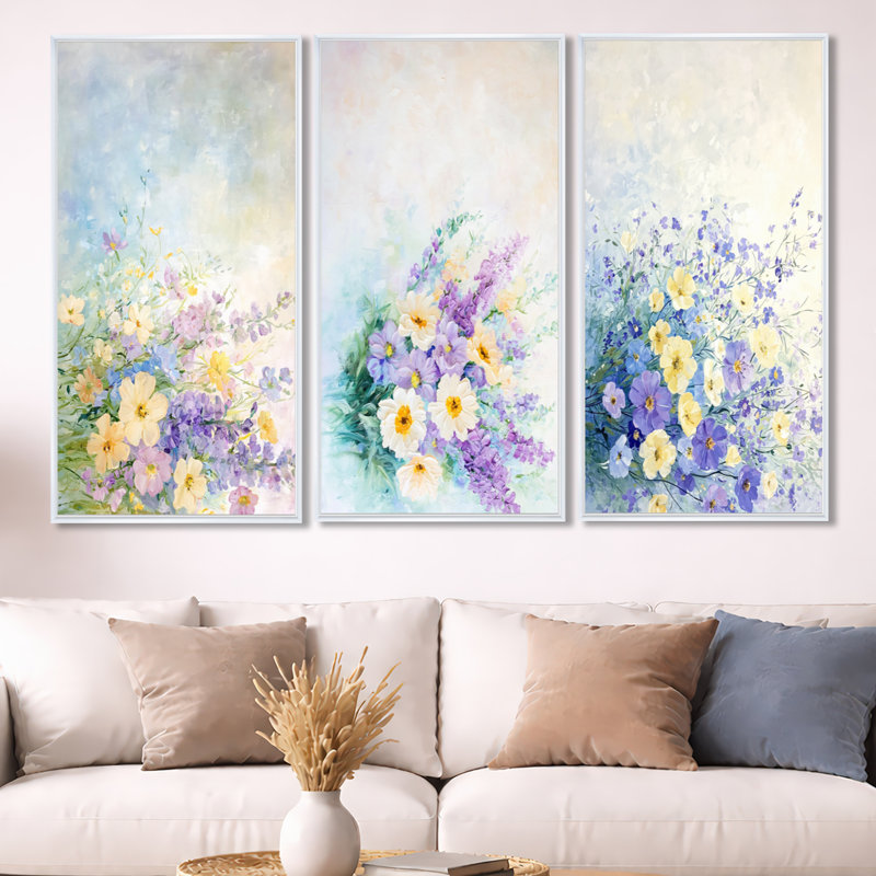 Lavande aux couleurs de fleurs sauvages - Bouquet 3 panneaux d'art mural, H 32 po x l 48 po, Cadre flottant blanc
