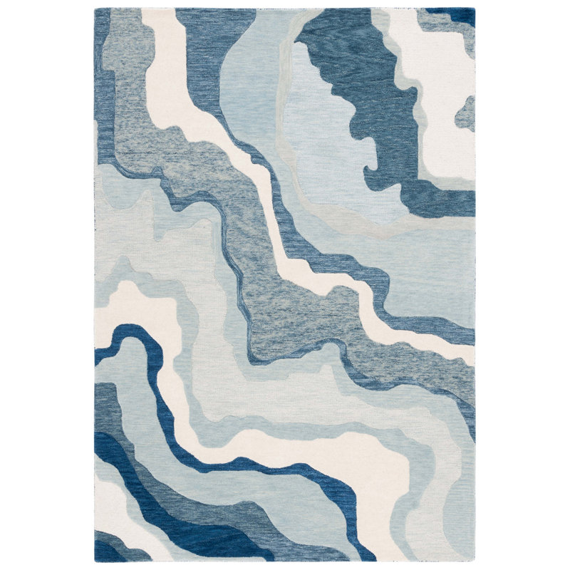 Ivory and Navy Hand-Tufted Wool Abstract 5' x 8' Rug