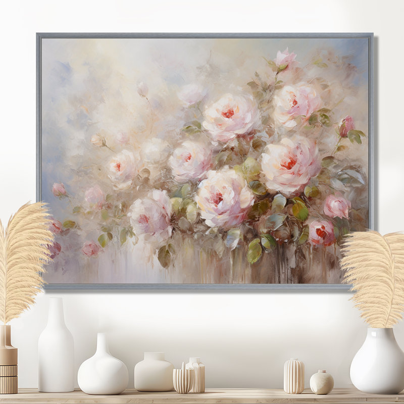 «Pink Roses Farmhouse Charm - Roses, art sur toile, H 34 po x l 44 po, Reproduction avec cadre flottant, Argent argent