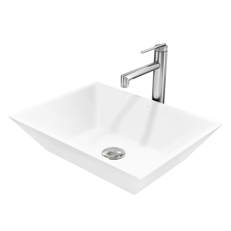 Vinca 18" L x 14" W x 5" H Rectangular White Matte Stone Vessel Bathroom Sink with 11" H Faucet