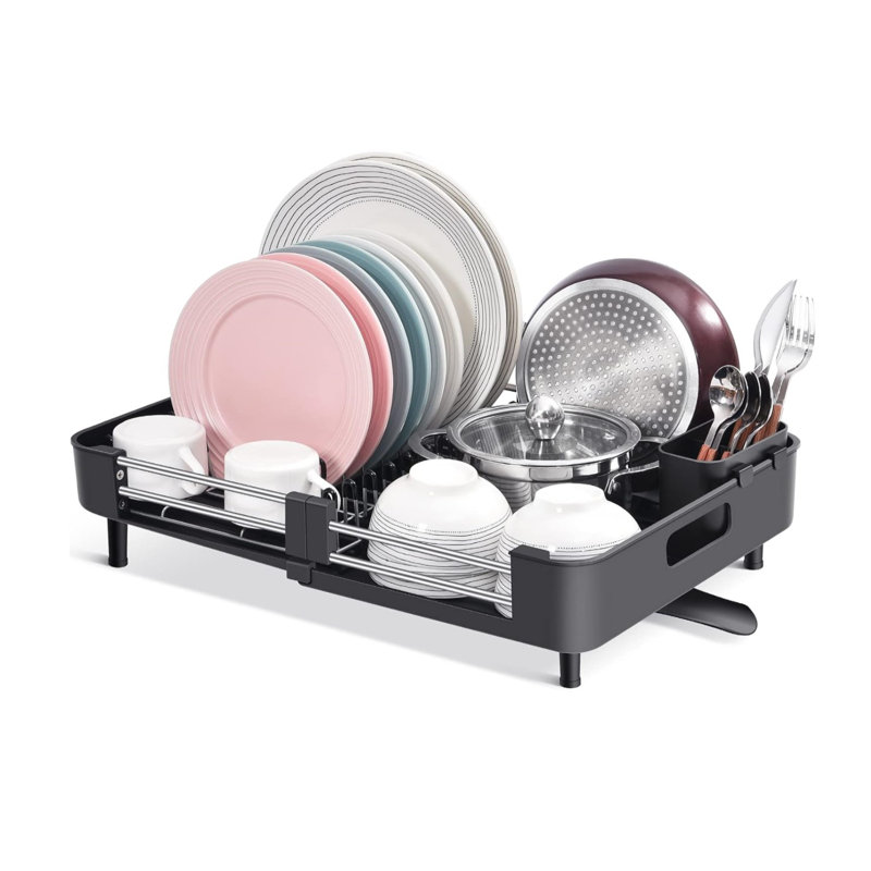 Black Stainless Steel Foldable Dish Rack with Utensil Cup