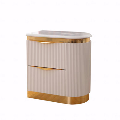 Table de chevet 2 tiroirs, détail en bois doré à droite
