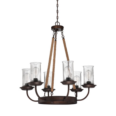 Lustre unique en forme de roue de chariot à 6 lumières avec détails en corde Sanderling