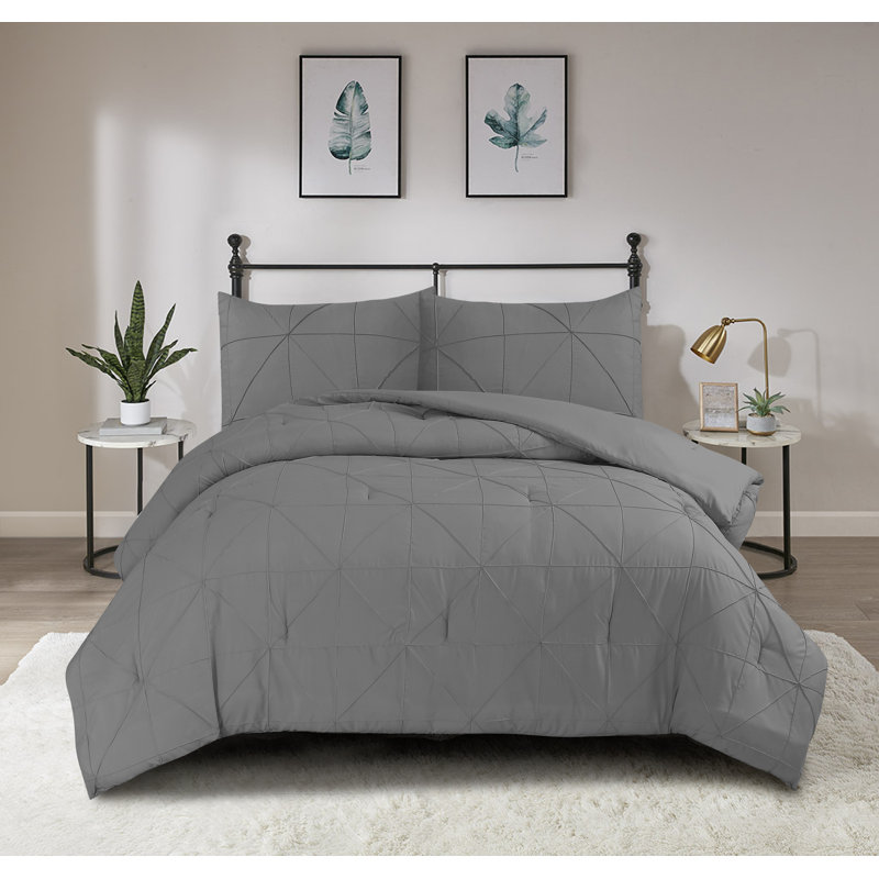 Ensemble d'édredon en microfibre Hartford Pintuck, Édredon pour grand lit + 2 taies décoratives, Gris