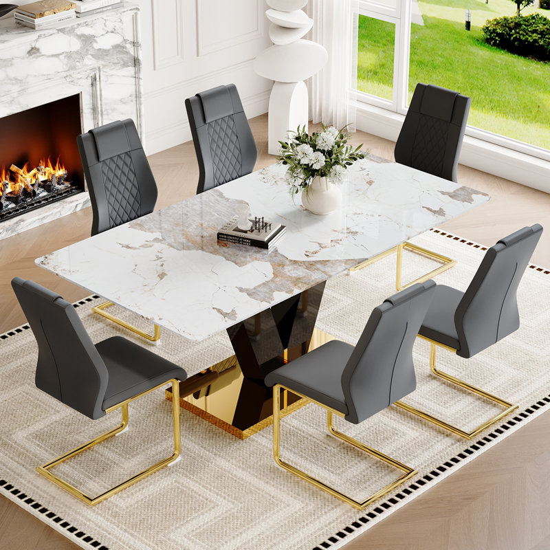 71'' Dining Table Set,Gold Dining Room Table Set With V-Shaped Black Glossy Pillars, 7 Pieces: Table, 6 Chairs, Gray