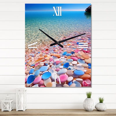 Turquoise Pink Pebbels On Paradise Ocean Beach - Animals Cat Modern Wall Clock