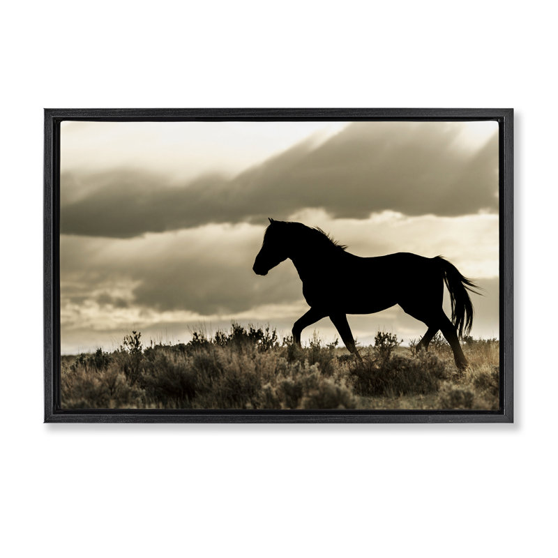 Silhouette d'un cheval en liberté, Cadre flottant noir de jais, H 17 po x l 25 po