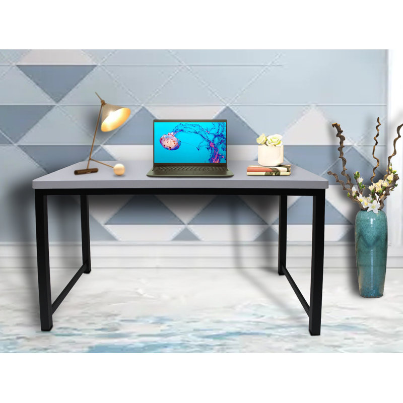 Hensel Home Office Study Writing Desk, Light Gray Top and Black Metal Frame Base