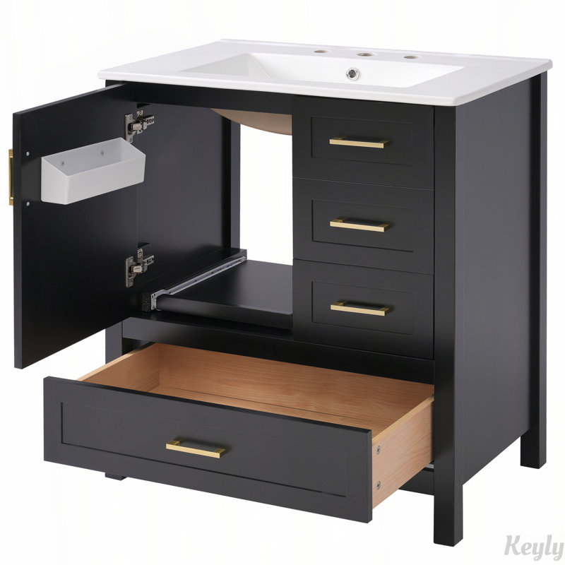 Meuble-lavabo de 30 po avec porte à fermeture douce, 3 tiroirs à fermeture douce et plateau amovible, Noir et or