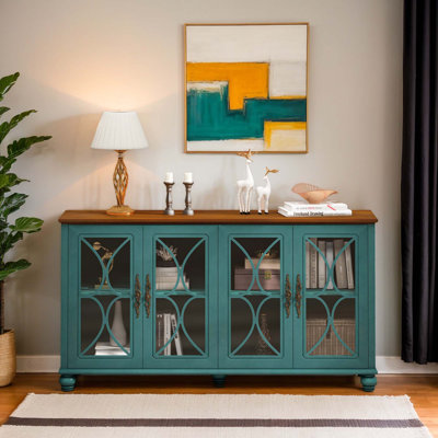 Antique Style 4-door Sideboard With Tempered Glass Doors, Adjustable Shelves And Classic Decorative Handles by Charlton Home