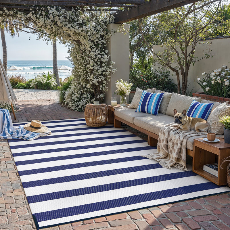 Classic Blue & White Striped Outdoor Area Rug, Rectangle 8' x 10'