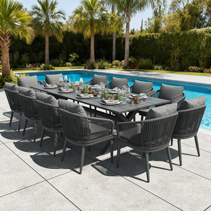 Outdoor Dining Set Woven Rope Wicker Patio Dining Set With Rectangular Aluminum Table And Modern Armrest Dining Chairs, Grey
