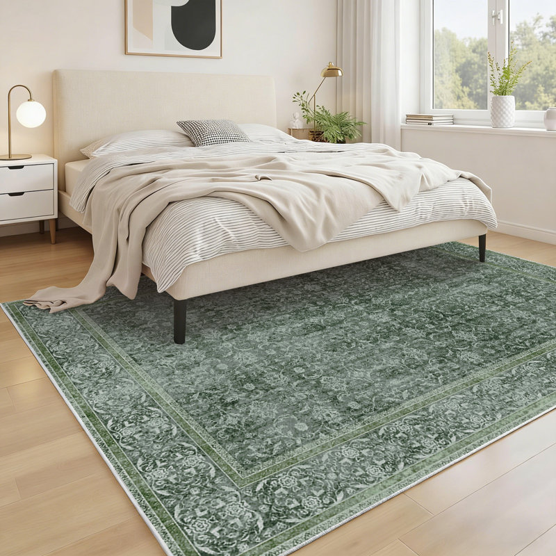 Washable Area Rug Green Floral Soft Accent Carpet Vintage Inspired Distressed Low Pile for Living Room Dining Room Bedroom Den