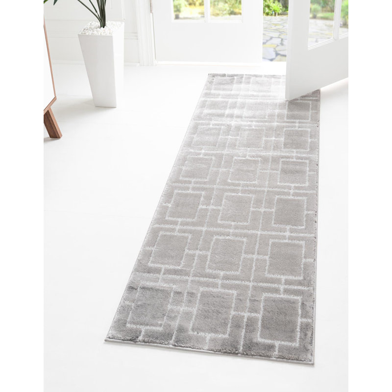 Tapis gris argenté à motif géométrique glam, Tapis de couloir 2 pi x 10 pi
