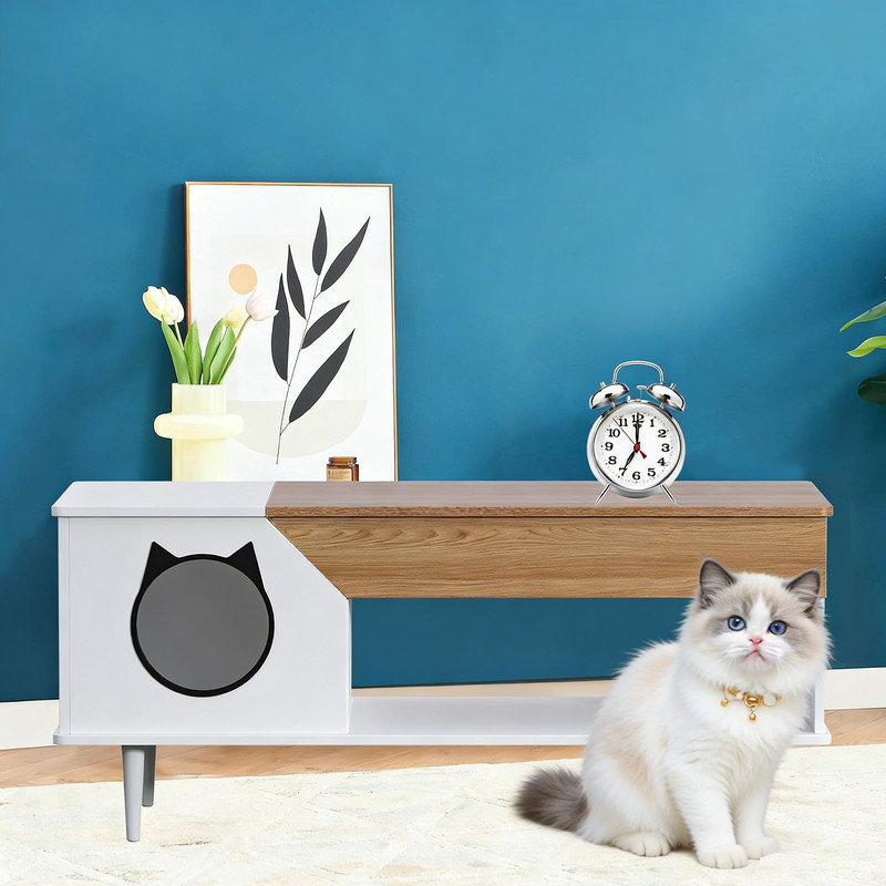 Table basse 45 po avec ferme pour chat et litière cachée, Blanc/noyer