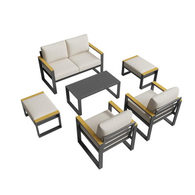 6-Piece Outdoor Patio Conversation Set, Beige – Aluminum Sectional Sofa with Coffee Table for 6 Seats, Garden or Deck