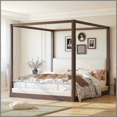 Lit plateforme à baldaquin en bois très grand avec tête de lit tapissier, structure espresso et tissu blanc