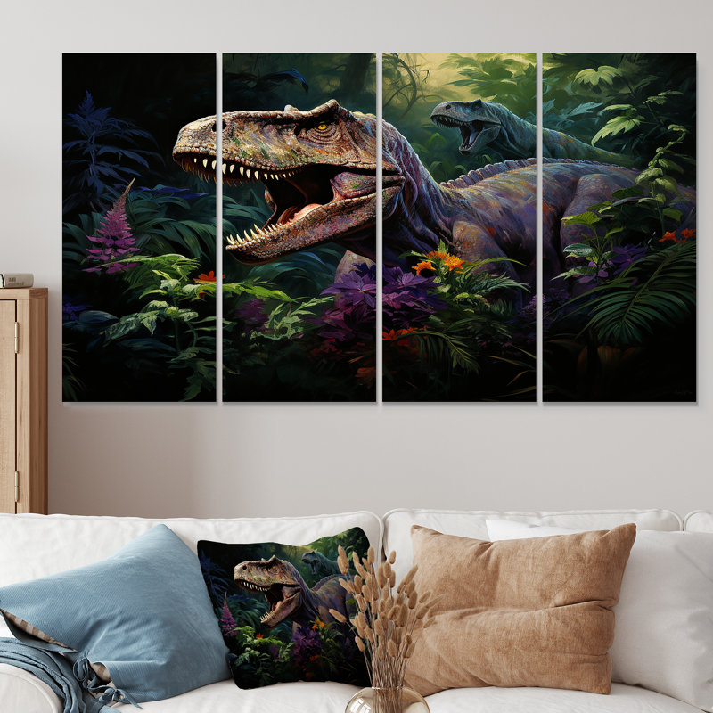 Ensemble de 4 décorations murales préhistoriques Velociraptors dans la jungle - dinosaure, H 32 po x l 64 po