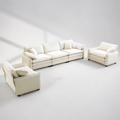 Warm and Cozy Home Theater Style Sofa Set with Soft Cushions, Pillows, and Beige Corduroy Fabric for Ultimate Comfort