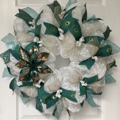 Christmas Wreath With Poinsettia and Peacock Ribbons