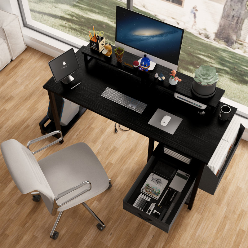 Elegant Working Desk With Drawer And Power, Black