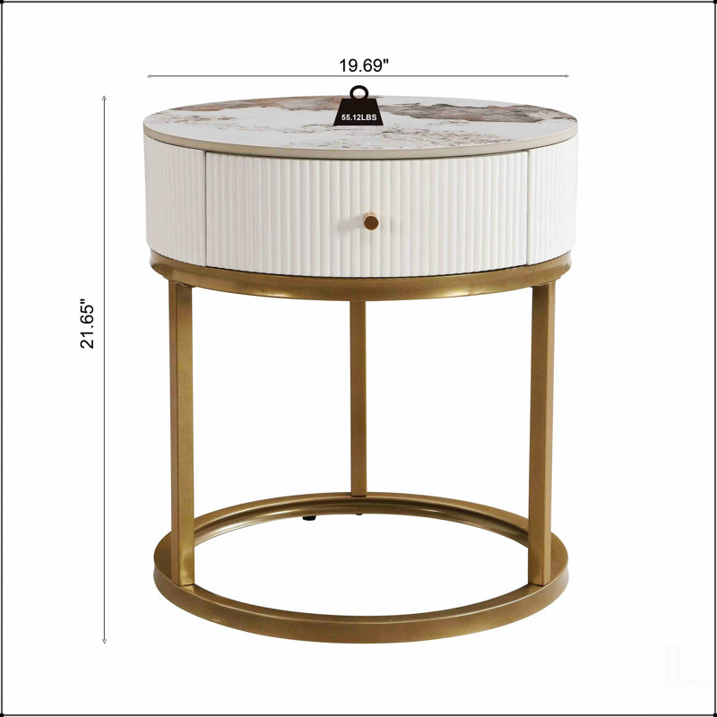 Table de chevet 19,68 pouces avec tiroir, table de bout ronde en marbre avec rangement, table d'appoint