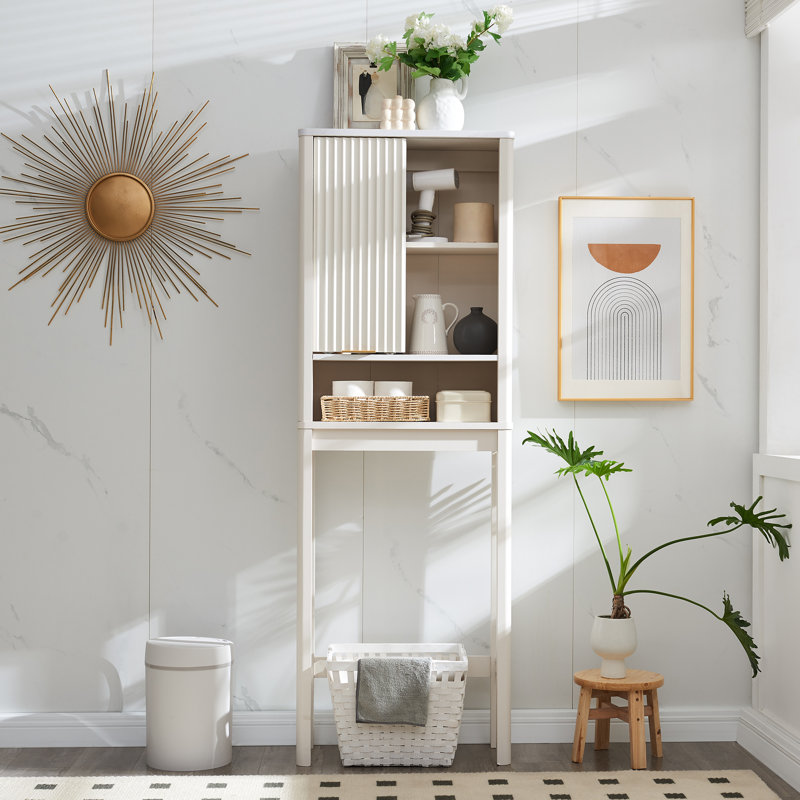 Riccio Freestanding Over The Toilet Storage Cabinet with Sliding Fluted Door Adjustable Shelf, Solid White