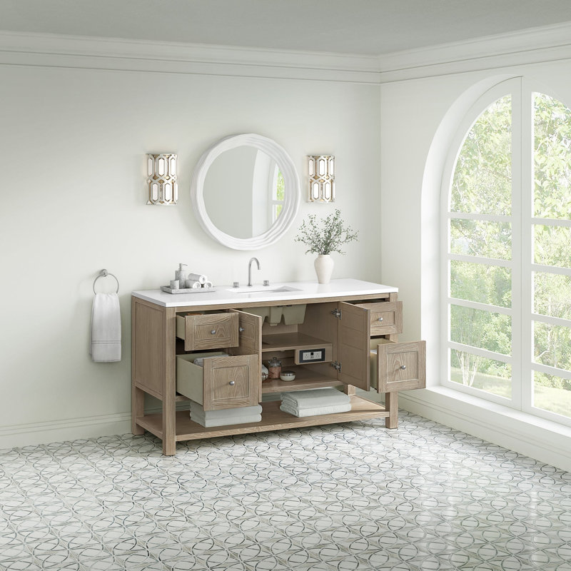 Breckenridge 60'' W Single Vanity, White Zeus Silestone, Whitewashed Oak, Widespread