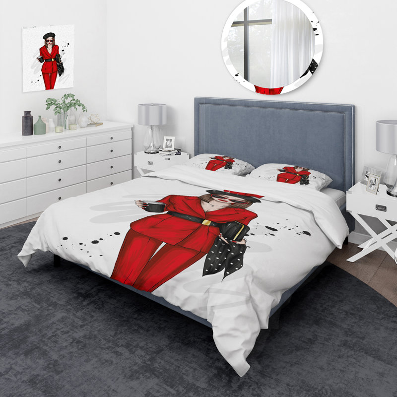Beautiful And Stylish Girl In Red III - Ensemble de housse de couette moderne - Microfibre de polyester