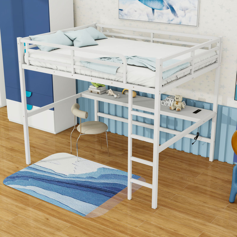 Queen Metal Loft Bed With Built-In-Desk And LED And Charging Station